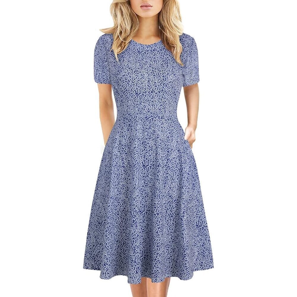 Women's Royal White Elegant Knee Length Vintage A-Line Swing Dress with Pockets